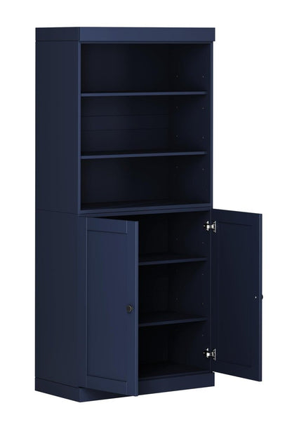 72" Navy Blue Solid Wood Adjustable Six Tier Library Bookcase with Two Doors HomeRoots