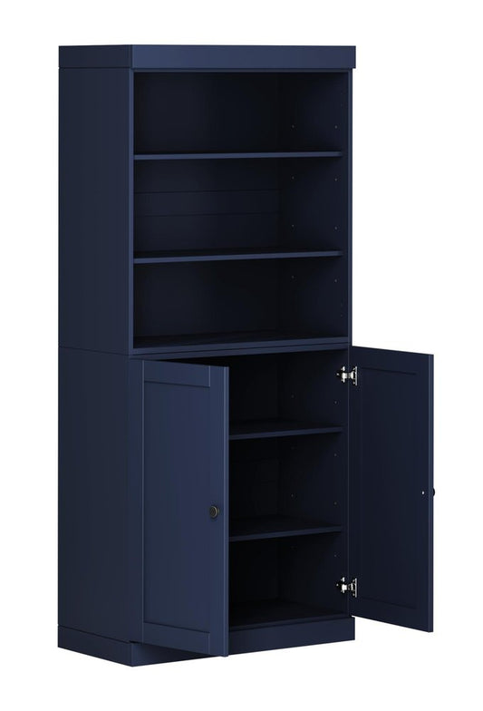 72" Navy Blue Solid Wood Adjustable Six Tier Library Bookcase with Two Doors