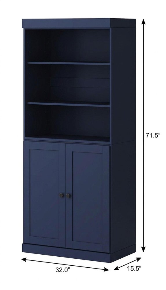 72" Navy Blue Solid Wood Adjustable Six Tier Library Bookcase with Two Doors HomeRoots