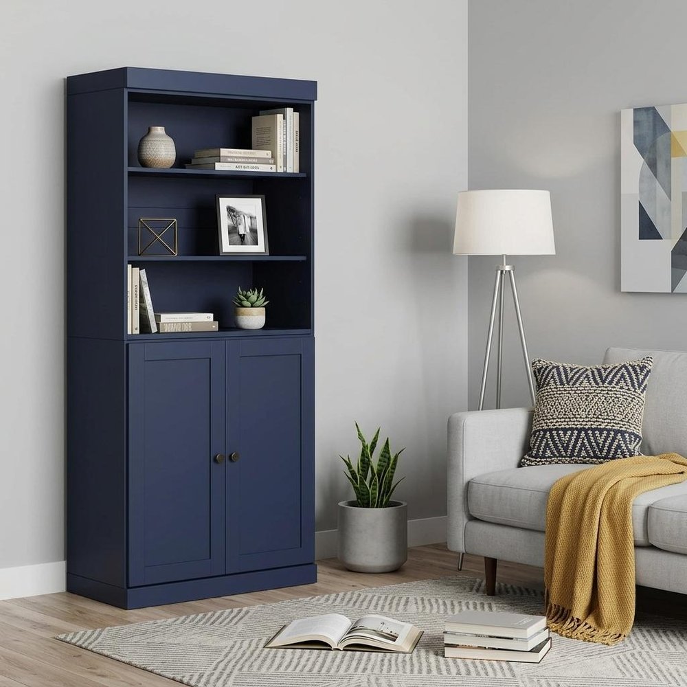 72" Navy Blue Solid Wood Adjustable Six Tier Library Bookcase with Two Doors HomeRoots