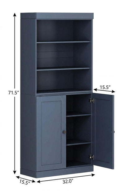 72" French Blue Solid Wood Adjustable Six Tier Library Bookcase with Two Doors HomeRoots