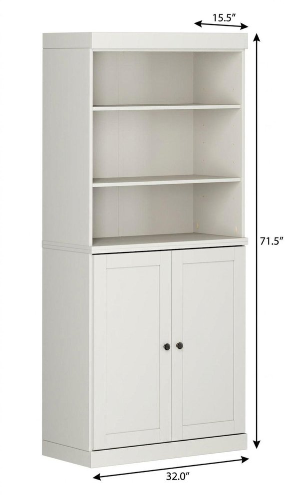 72" Off White Solid Wood Adjustable Six Tier Library Bookcase with Two Doors HomeRoots