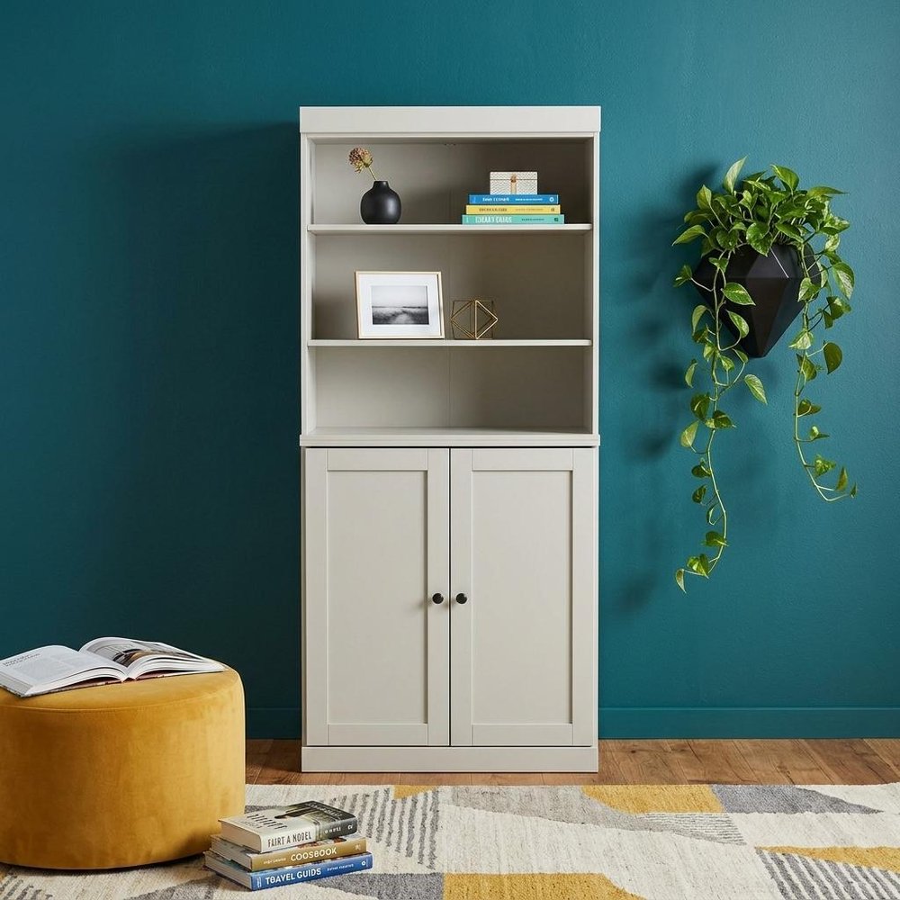 72" Off White Solid Wood Adjustable Six Tier Library Bookcase with Two Doors HomeRoots