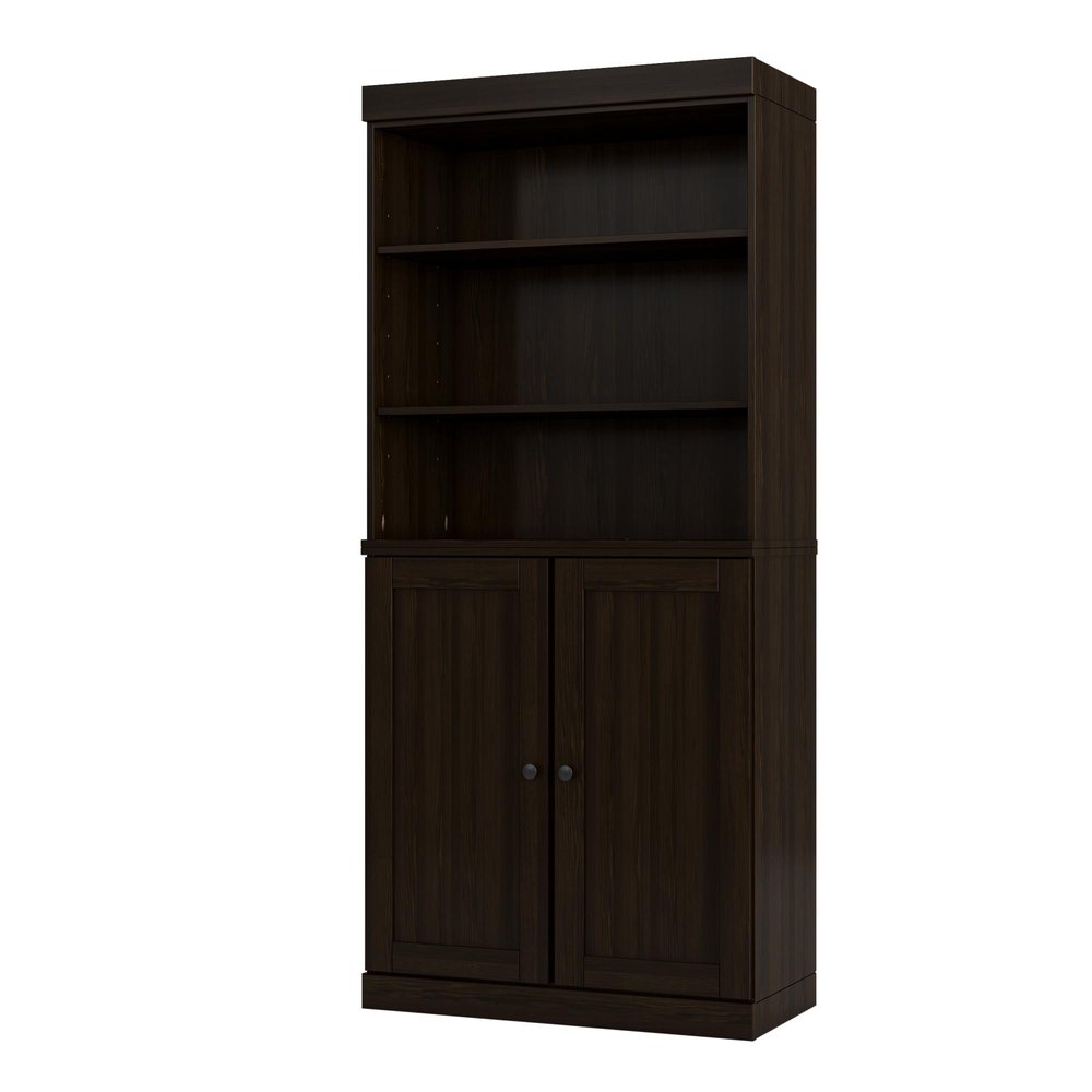 72" Espresso Solid Wood Adjustable Six Tier Library Bookcase with Two Doors — view 1