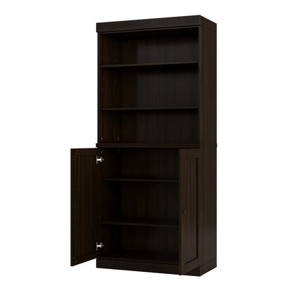 72" Espresso Solid Wood Adjustable Six Tier Library Bookcase with Two Doors HomeRoots