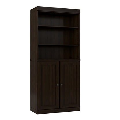 72" Espresso Solid Wood Adjustable Six Tier Library Bookcase with Two Doors HomeRoots