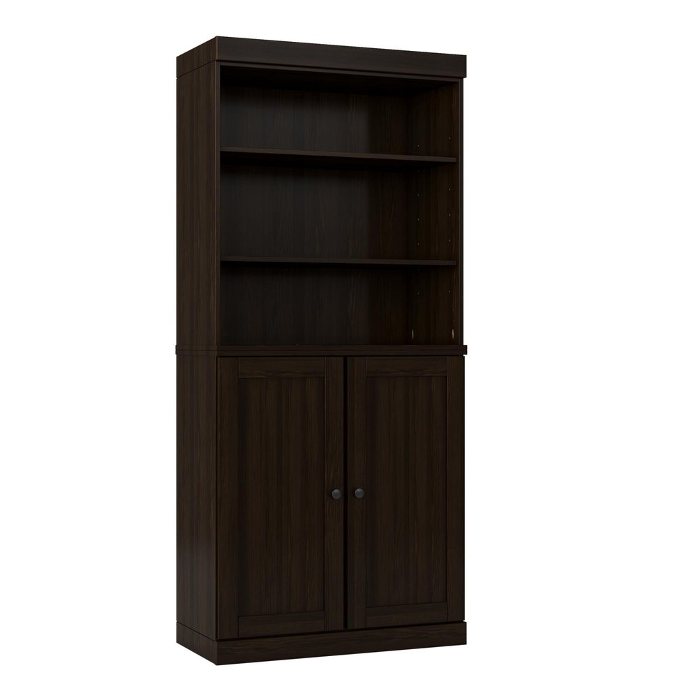 72" Espresso Solid Wood Adjustable Six Tier Library Bookcase with Two Doors — view 4