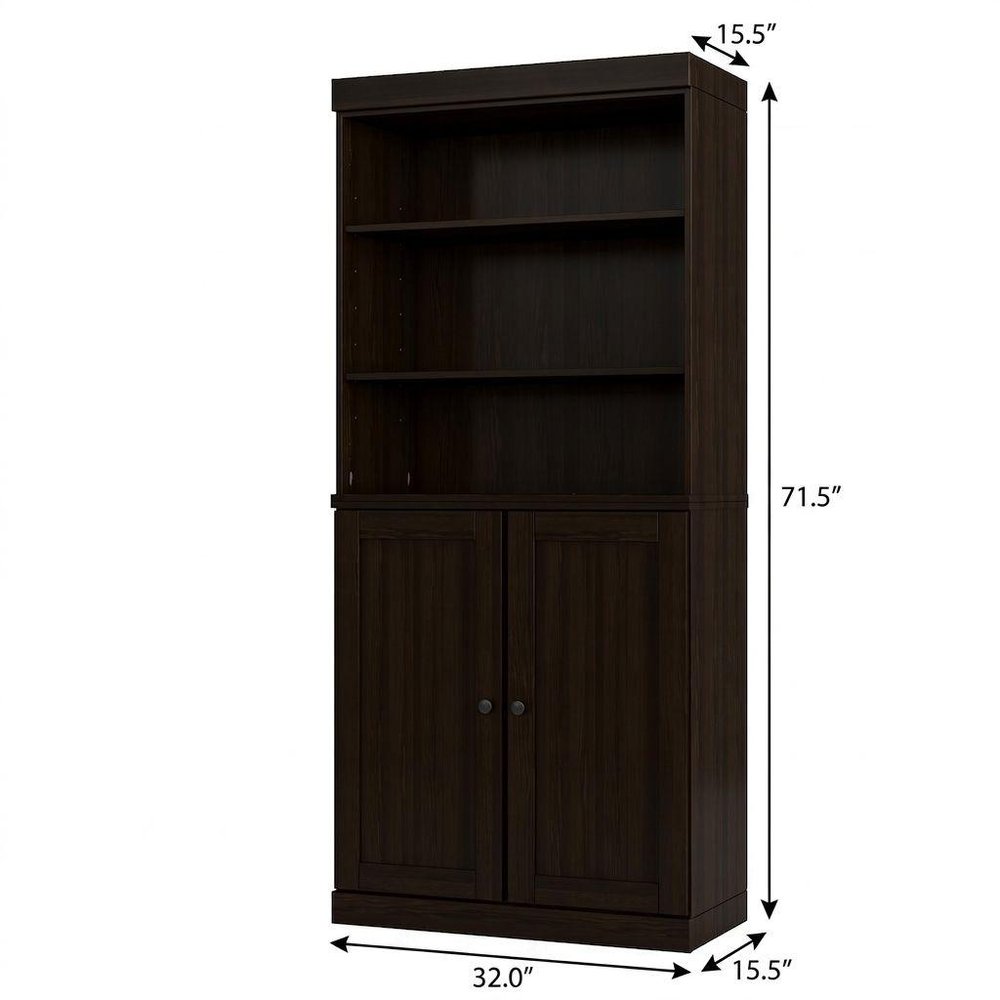 72" Espresso Solid Wood Adjustable Six Tier Library Bookcase with Two Doors HomeRoots