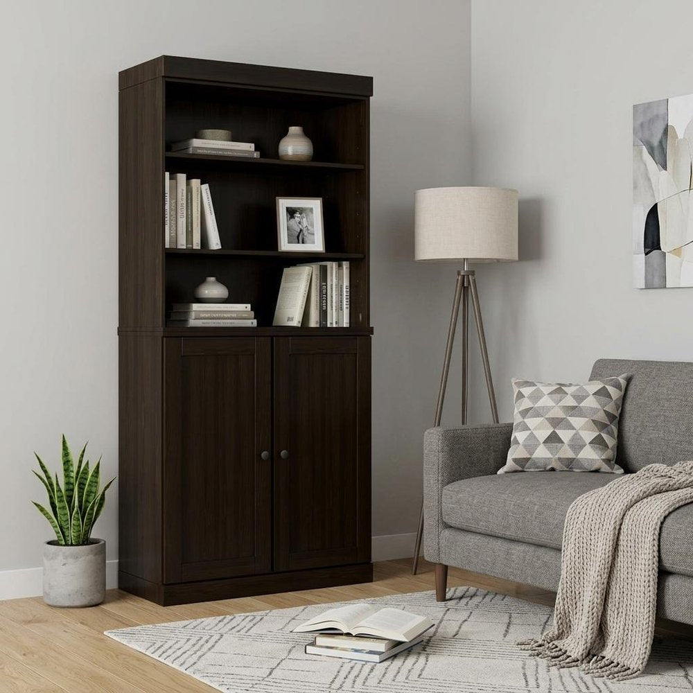 72" Espresso Solid Wood Adjustable Six Tier Library Bookcase with Two Doors HomeRoots