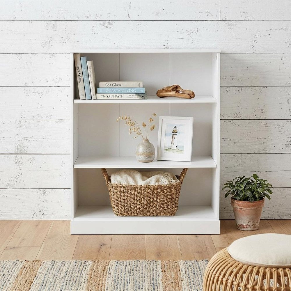 36" White Solid Wood Adjustable Three Tier Library Bookcase — view 3
