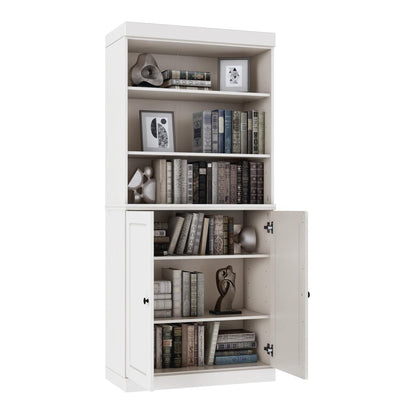 72" White Solid Wood Adjustable Six Tier Library Bookcase with Two Doors HomeRoots