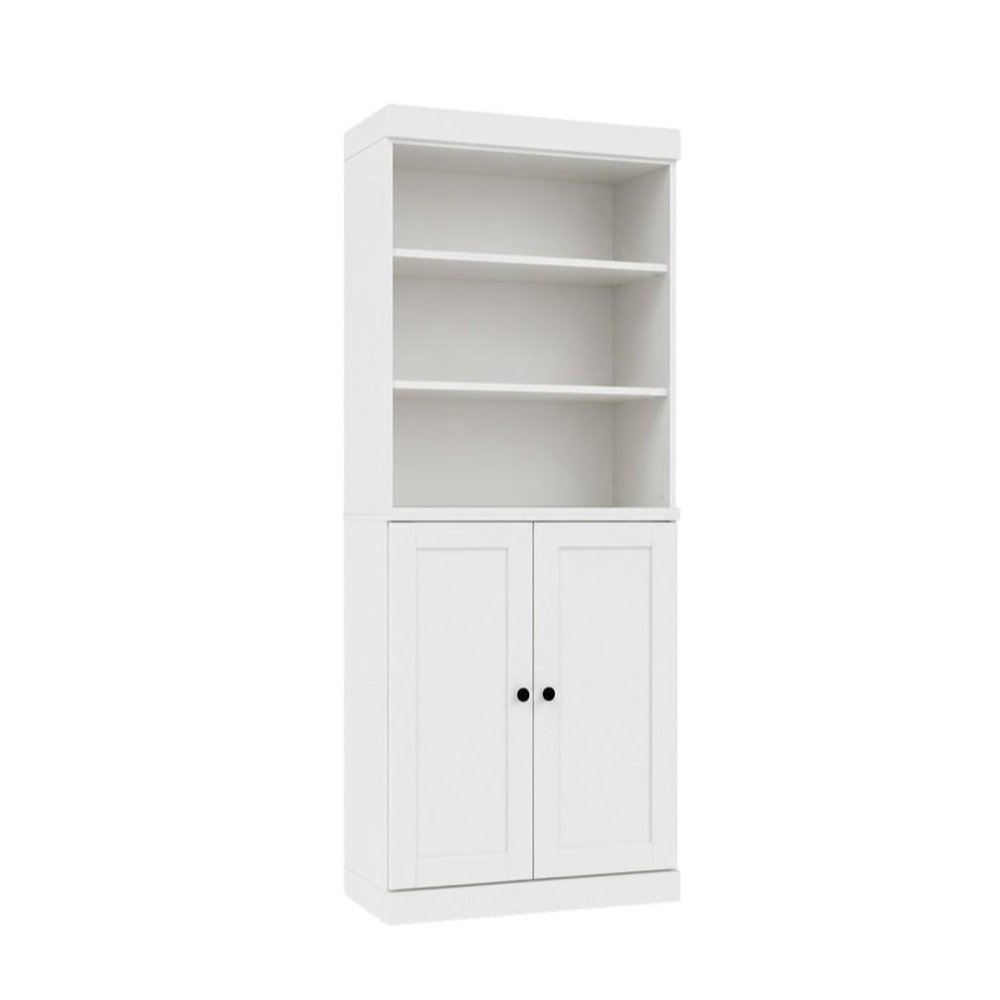 72" White Solid Wood Adjustable Six Tier Library Bookcase with Two Doors HomeRoots