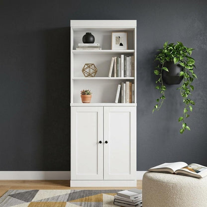 72" White Solid Wood Adjustable Six Tier Library Bookcase with Two Doors HomeRoots