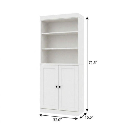 72" White Solid Wood Adjustable Six Tier Library Bookcase with Two Doors HomeRoots