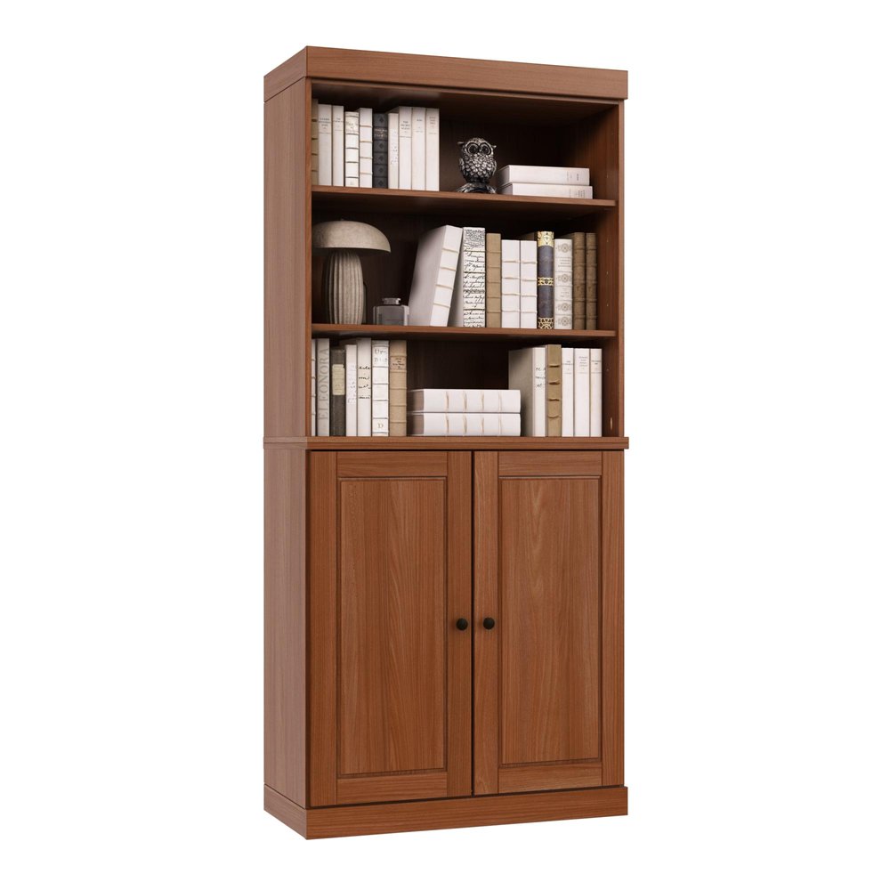 72" Coffee Solid Wood Adjustable Six Tier Library Bookcase with Two Doors HomeRoots