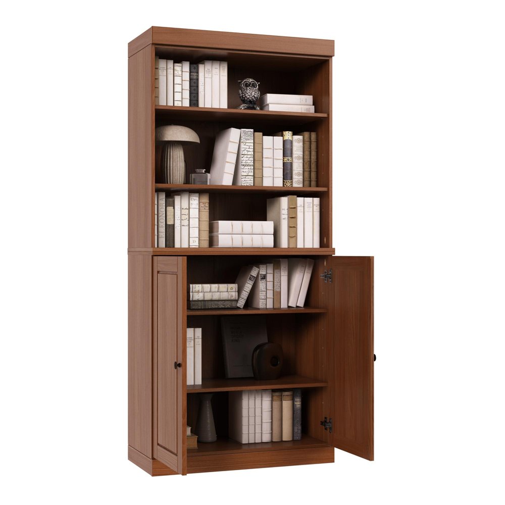 72" Coffee Solid Wood Adjustable Six Tier Library Bookcase with Two Doors HomeRoots