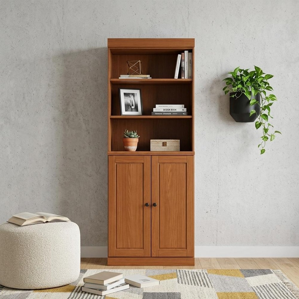 72" Coffee Solid Wood Adjustable Six Tier Library Bookcase with Two Doors — view 4