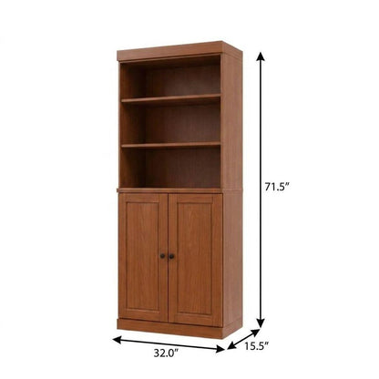 72" Coffee Solid Wood Adjustable Six Tier Library Bookcase with Two Doors HomeRoots