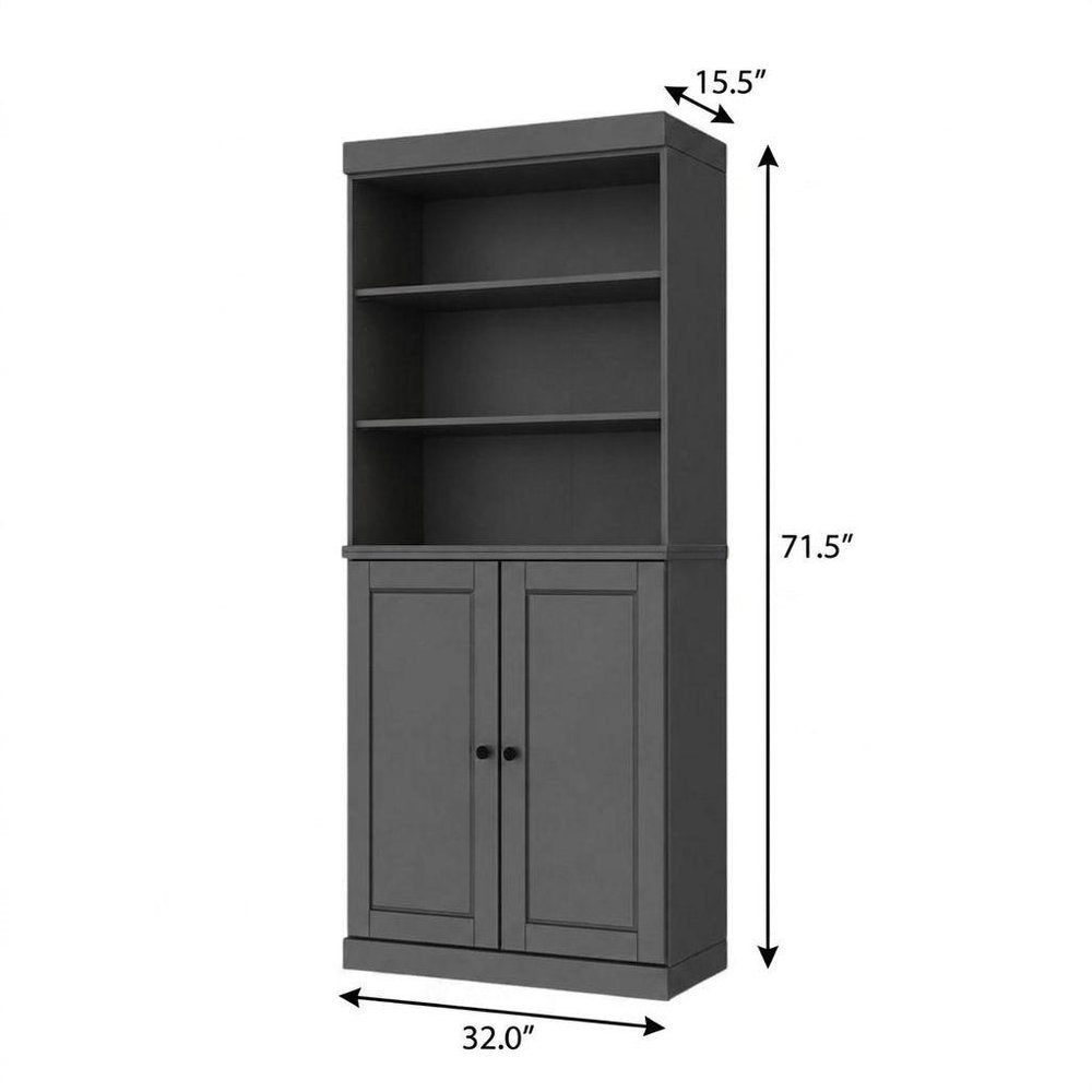 72" Gray Solid Wood Adjustable Six Tier Library Bookcase with Two Doors — view 6