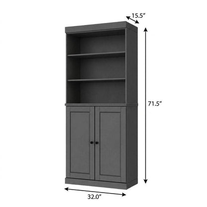 72" Gray Solid Wood Adjustable Six Tier Library Bookcase with Two Doors HomeRoots