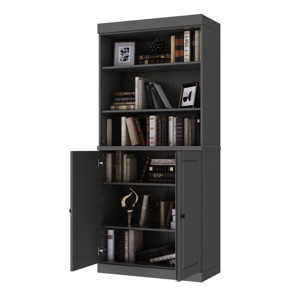 72" Gray Solid Wood Adjustable Six Tier Library Bookcase with Two Doors HomeRoots