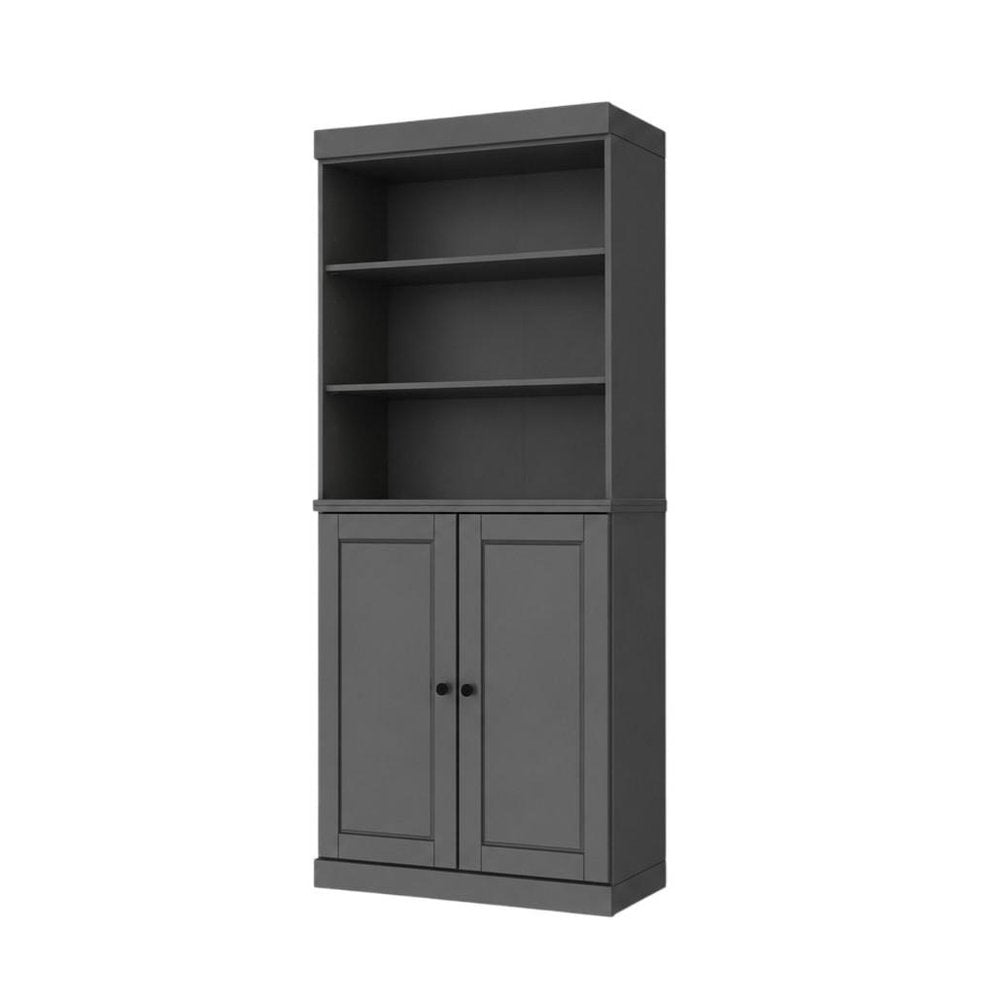 72" Gray Solid Wood Adjustable Six Tier Library Bookcase with Two Doors — view 2