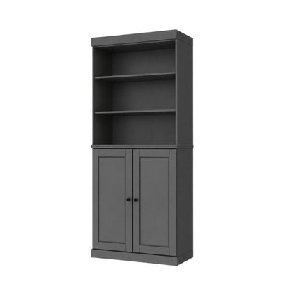 72" Gray Solid Wood Adjustable Six Tier Library Bookcase with Two Doors