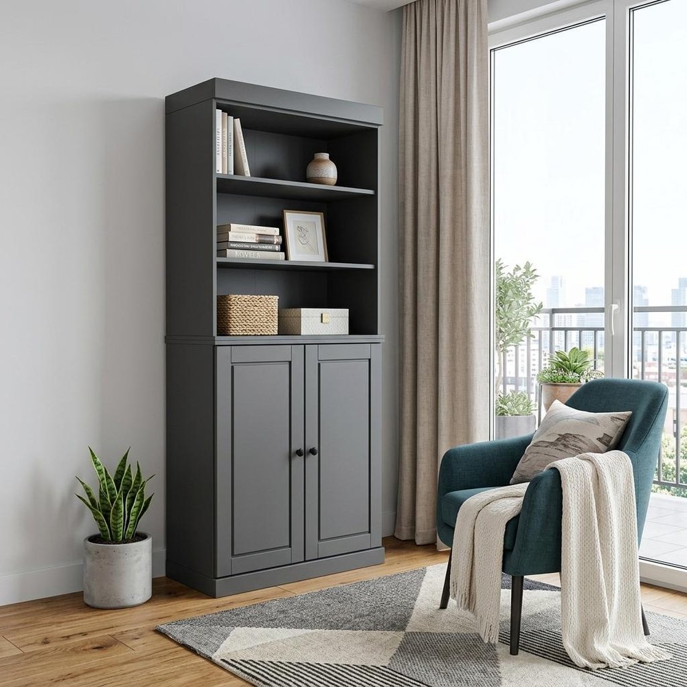 72" Gray Solid Wood Adjustable Six Tier Library Bookcase with Two Doors — view 3