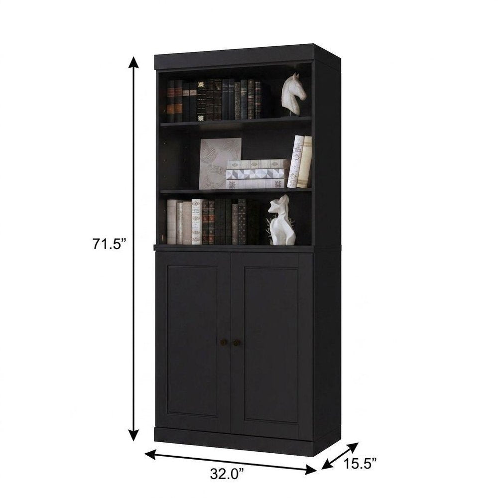 72" Black Solid Wood Adjustable Six Tier Library Bookcase with Two Doors HomeRoots