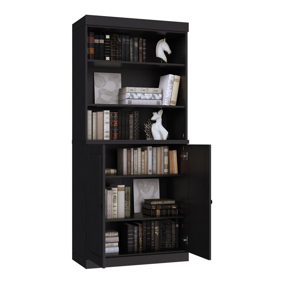 72" Black Solid Wood Adjustable Six Tier Library Bookcase with Two Doors HomeRoots