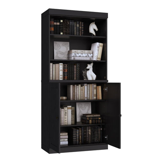 72" Black Solid Wood Adjustable Six Tier Library Bookcase with Two Doors