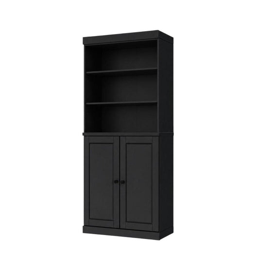 72" Black Solid Wood Adjustable Six Tier Library Bookcase with Two Doors