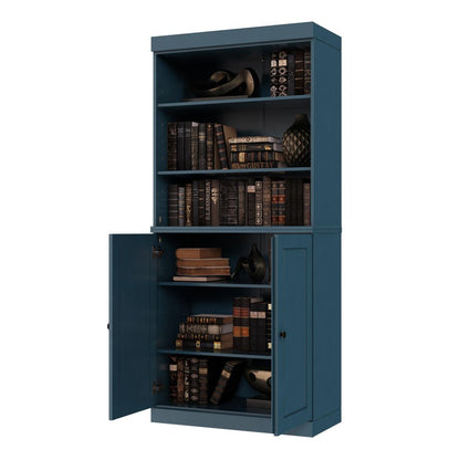 72" Teal Blue Solid Wood Adjustable Six Tier Library Bookcase with Two Doors HomeRoots