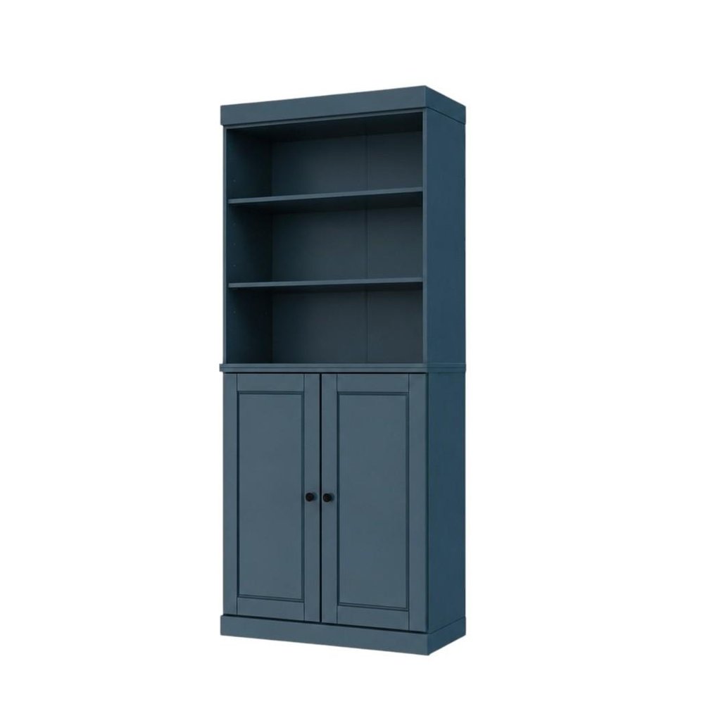 72" Teal Blue Solid Wood Adjustable Six Tier Library Bookcase with Two Doors HomeRoots