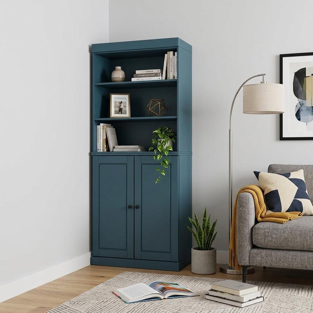 72" Teal Blue Solid Wood Adjustable Six Tier Library Bookcase with Two Doors HomeRoots