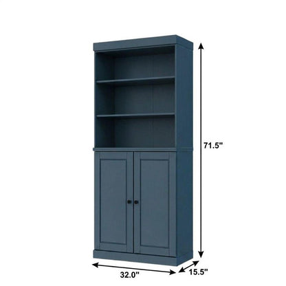 72" Teal Blue Solid Wood Adjustable Six Tier Library Bookcase with Two Doors HomeRoots