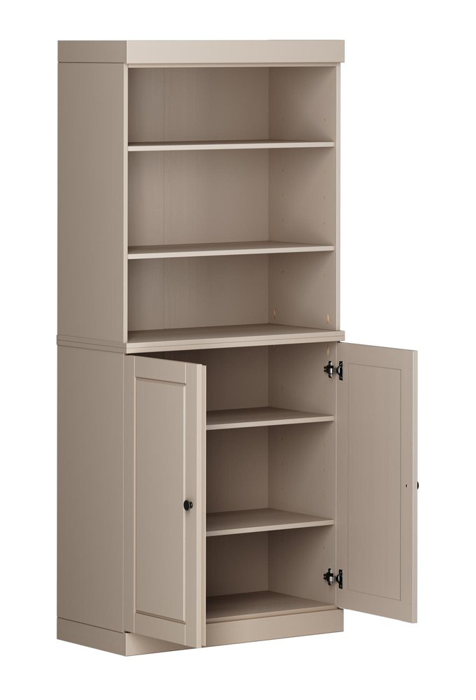 72" Beige Solid Wood Adjustable Six Tier Library Bookcase with Two Doors — view 2