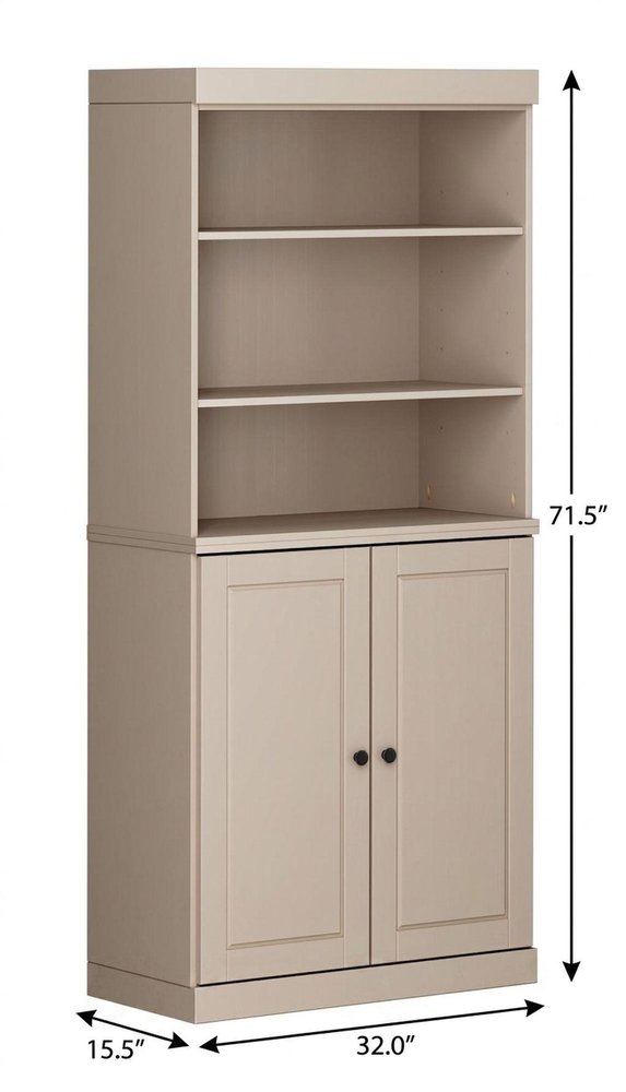 72" Beige Solid Wood Adjustable Six Tier Library Bookcase with Two Doors — view 5