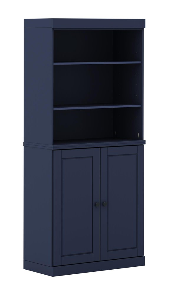 72" Navy Blue Solid Wood Adjustable Six Tier Library Bookcase with Two Doors — view 1