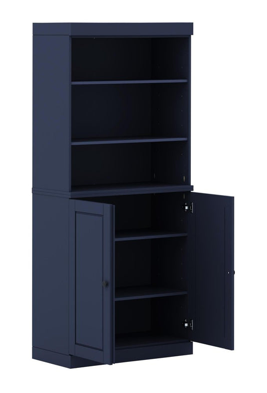 72" Navy Blue Solid Wood Adjustable Six Tier Library Bookcase with Two Doors