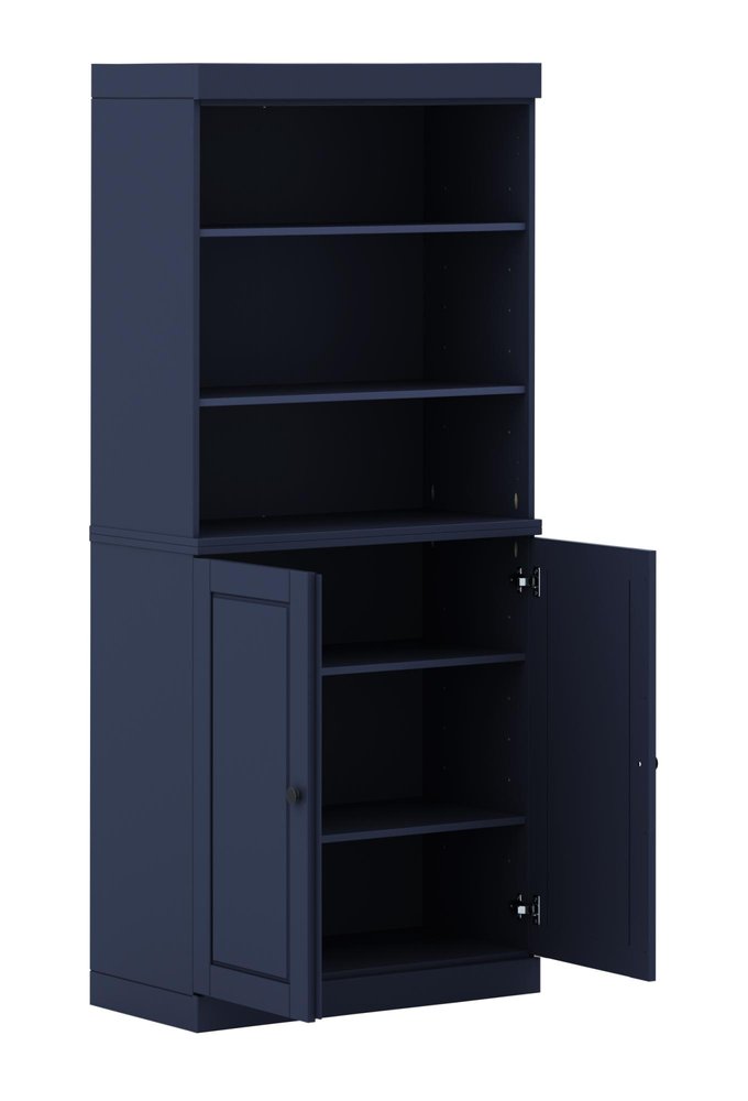 72" Navy Blue Solid Wood Adjustable Six Tier Library Bookcase with Two Doors — view 2