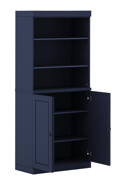 72" Navy Blue Solid Wood Adjustable Six Tier Library Bookcase with Two Doors HomeRoots