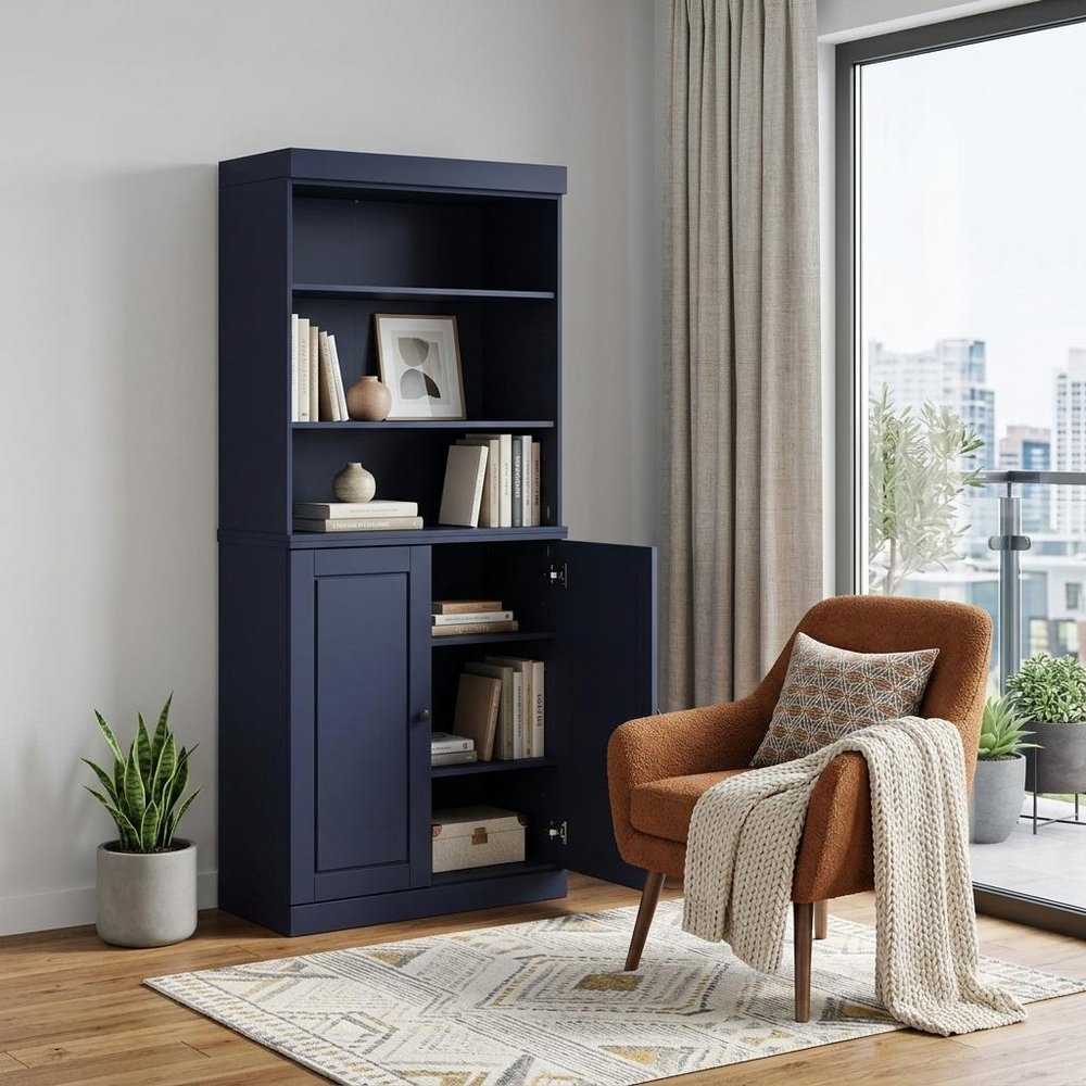 72" Navy Blue Solid Wood Adjustable Six Tier Library Bookcase with Two Doors — view 6