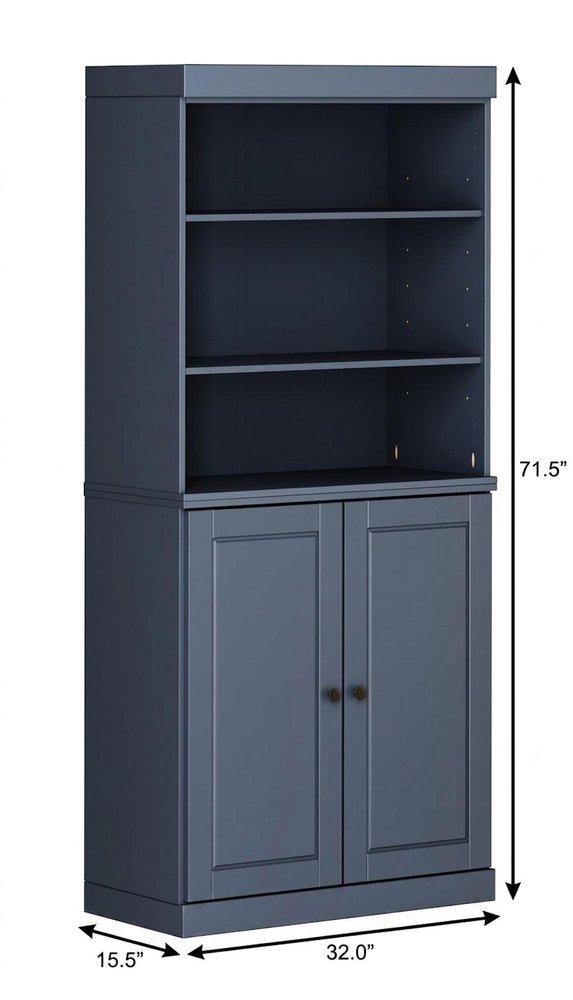 72" French Blue Solid Wood Adjustable Six Tier Library Bookcase with Two Doors — view 5