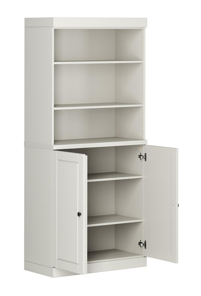 72" Off White Solid Wood Adjustable Six Tier Library Bookcase with Two Doors — view 2