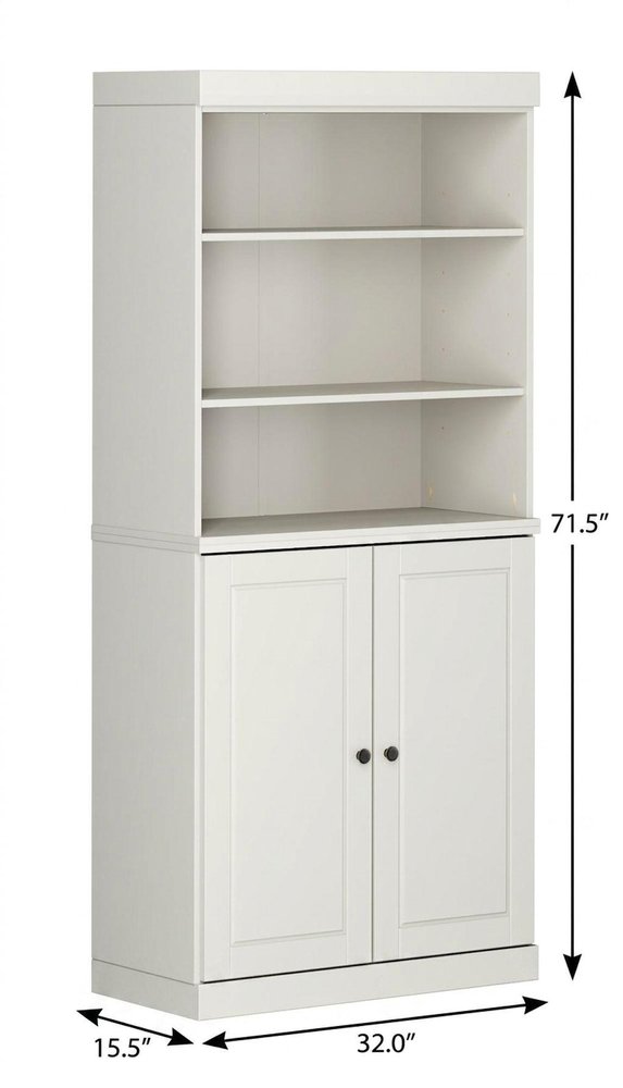 72" Off White Solid Wood Adjustable Six Tier Library Bookcase with Two Doors HomeRoots