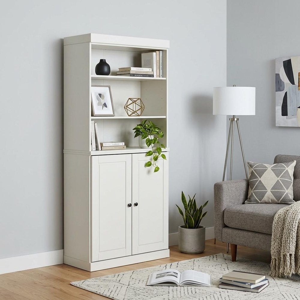 72" Off White Solid Wood Adjustable Six Tier Library Bookcase with Two Doors HomeRoots