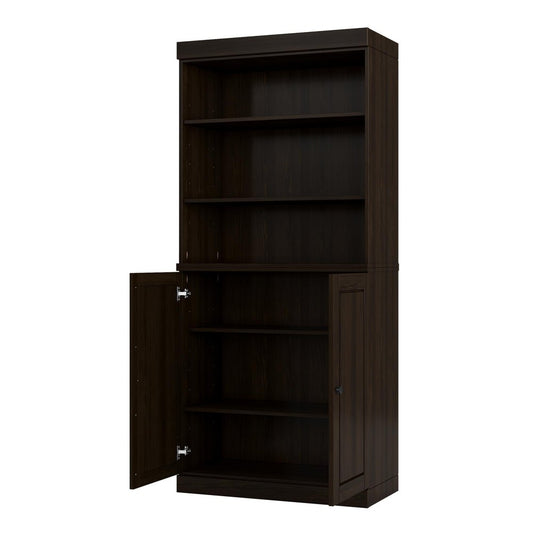 72" Espresso Solid Wood Adjustable Six Tier Library Bookcase with Two Doors