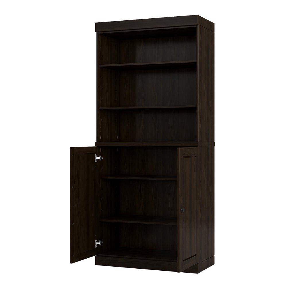 72" Espresso Solid Wood Adjustable Six Tier Library Bookcase with Two Doors HomeRoots