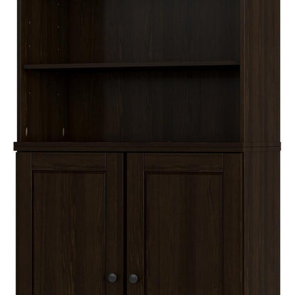 72" Espresso Solid Wood Adjustable Six Tier Library Bookcase with Two Doors